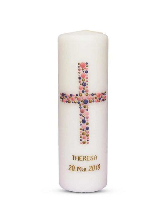 Taufkerze Mädchen Kreuz Kreise 5 Rosa Flider Gold - WikaKerzen