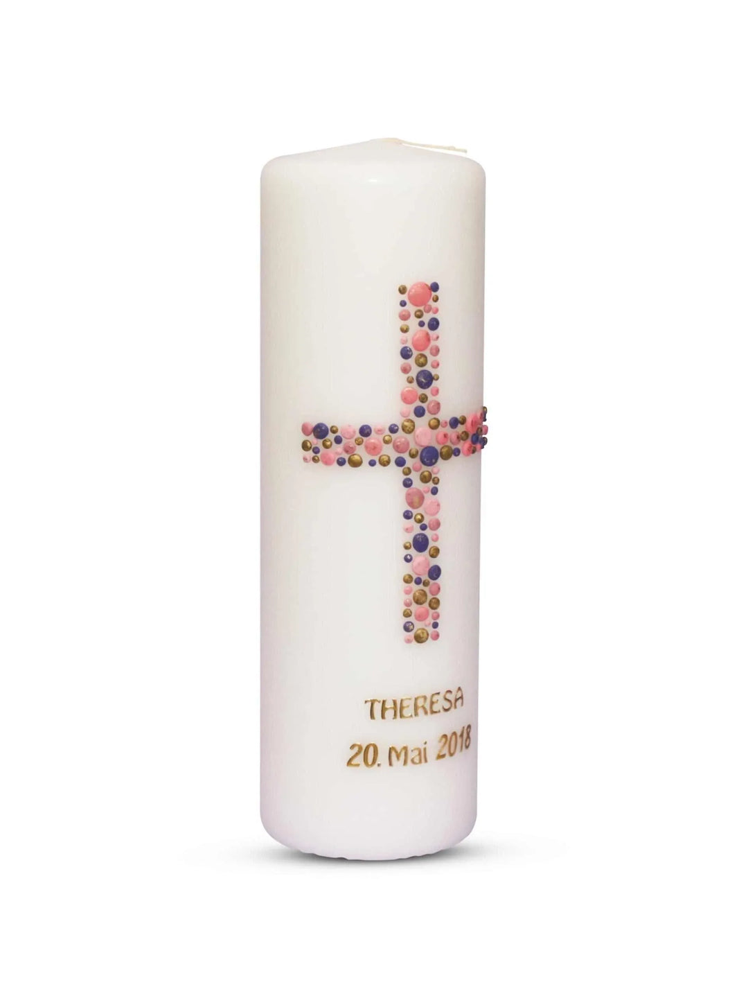 Taufkerze Mädchen Kreuz Kreise 5 Rosa Flider Gold - WikaKerzen