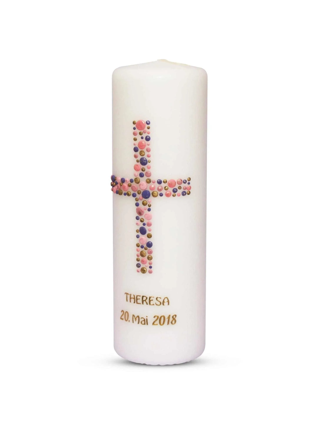 Taufkerze Mädchen Kreuz Kreise 5 Rosa Flider Gold - WikaKerzen