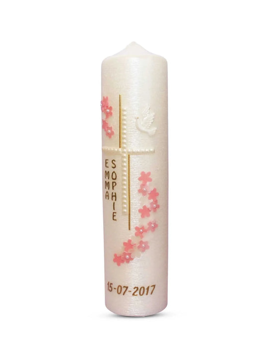 Taufkerze Mädchen Blumen - 6 Perlmutt Rosa Rose - WikaKerzen