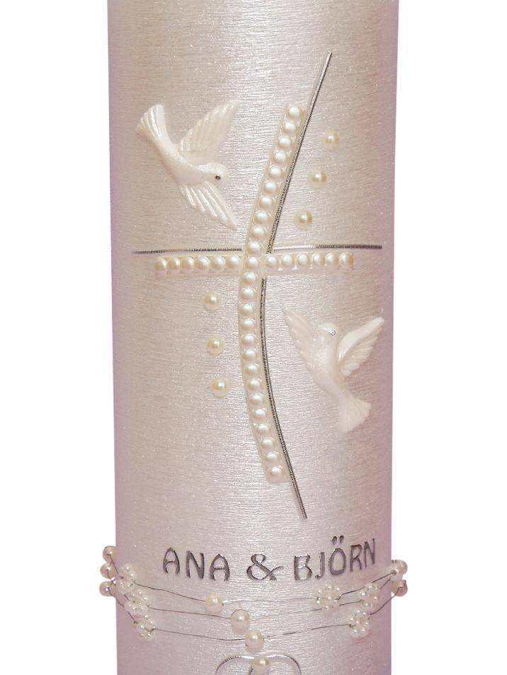 Hochzeitskerze mit Teelicht Perlmutt 4 Kreuz - WikaKerzen