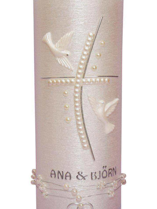 Hochzeitskerze mit Teelicht Perlmutt 4 Kreuz - WikaKerzen