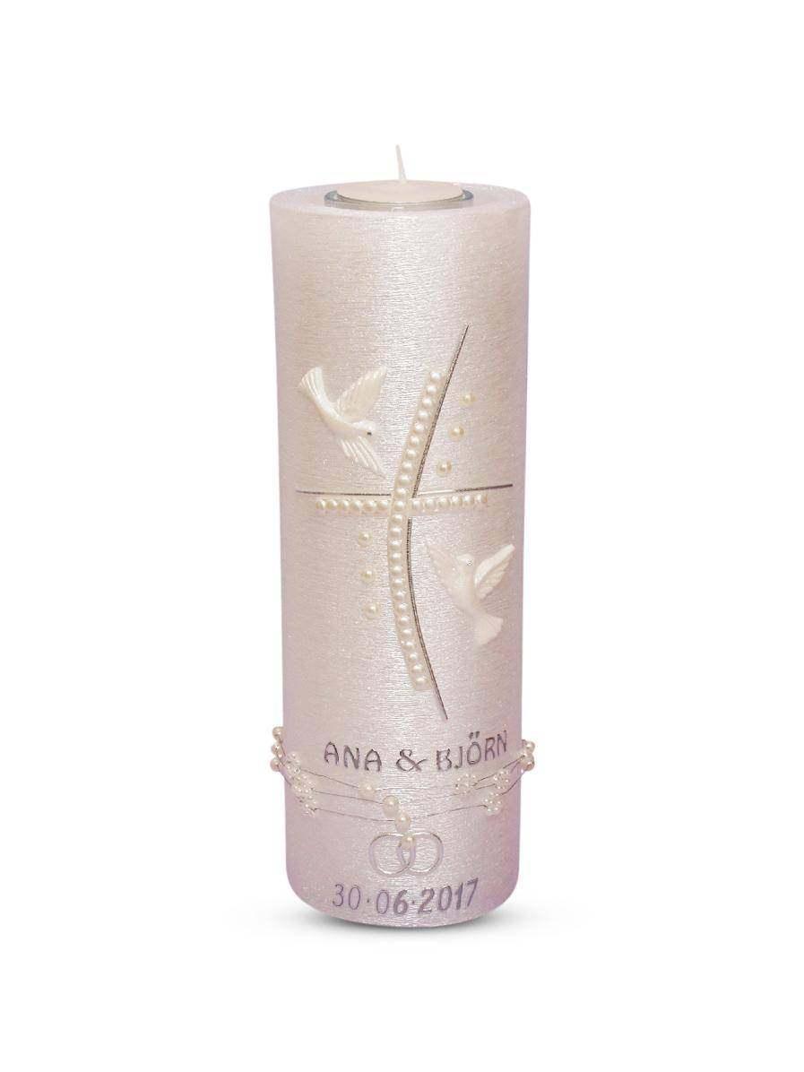 Hochzeitskerze mit Teelicht Perlmutt 4 Kreuz - WikaKerzen
