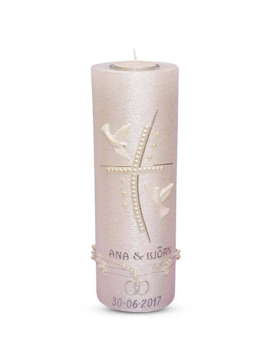 Hochzeitskerze mit Teelicht Perlmutt 4 Kreuz - WikaKerzen