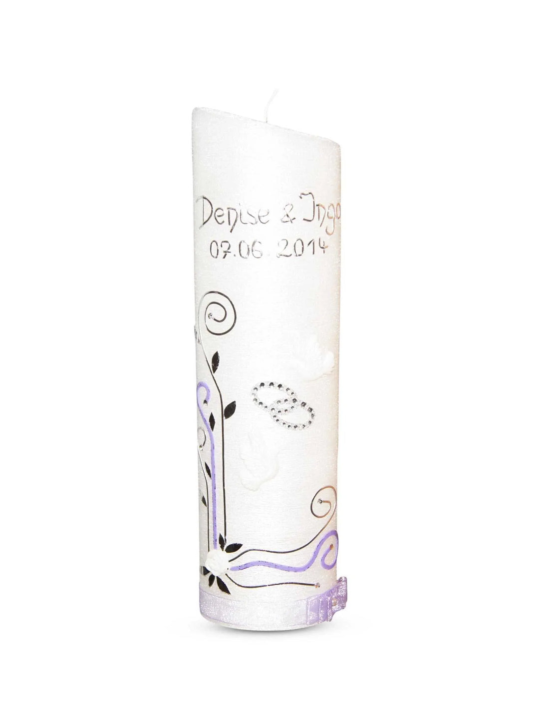 Hochzeitskerze Perlmutt Oval mit Tauben und Ringe 2 - WikaKerzen