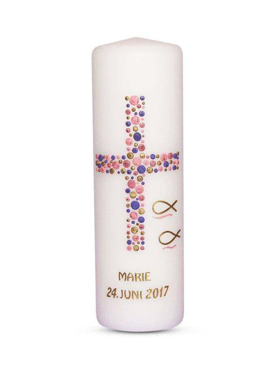 Taufkerze Mädchen Kreuz-Kreise-2 Flieder Rosa Gold € Taufkerze WKTH007 WikaKerzen