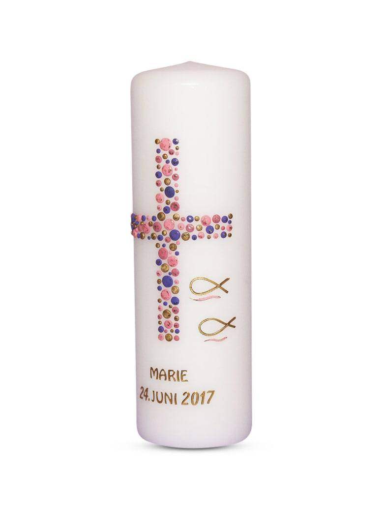 Taufkerze Mädchen Kreuz-Kreise-2 Flieder Rosa Gold € Taufkerze WKTH007 WikaKerzen
