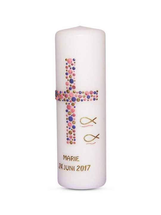 Taufkerze Mädchen Kreuz-Kreise-2 Flieder Rosa Gold € Taufkerze WKTH007 WikaKerzen