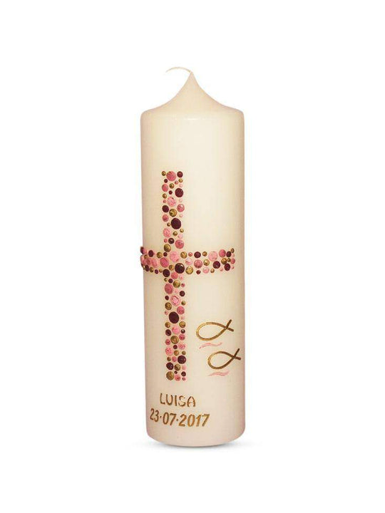 Taufkerze Mädchen Junge mit Name und Datum Kreuz-Kreise-12 € Taufkerze WKTH009 WikaKerzen