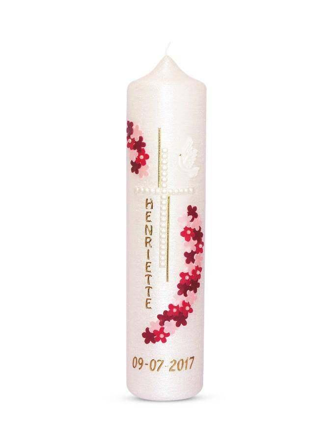 Taufkerze Blumen 5 mit Kerze mit Perlmutt Struktur - WikaKerzen
