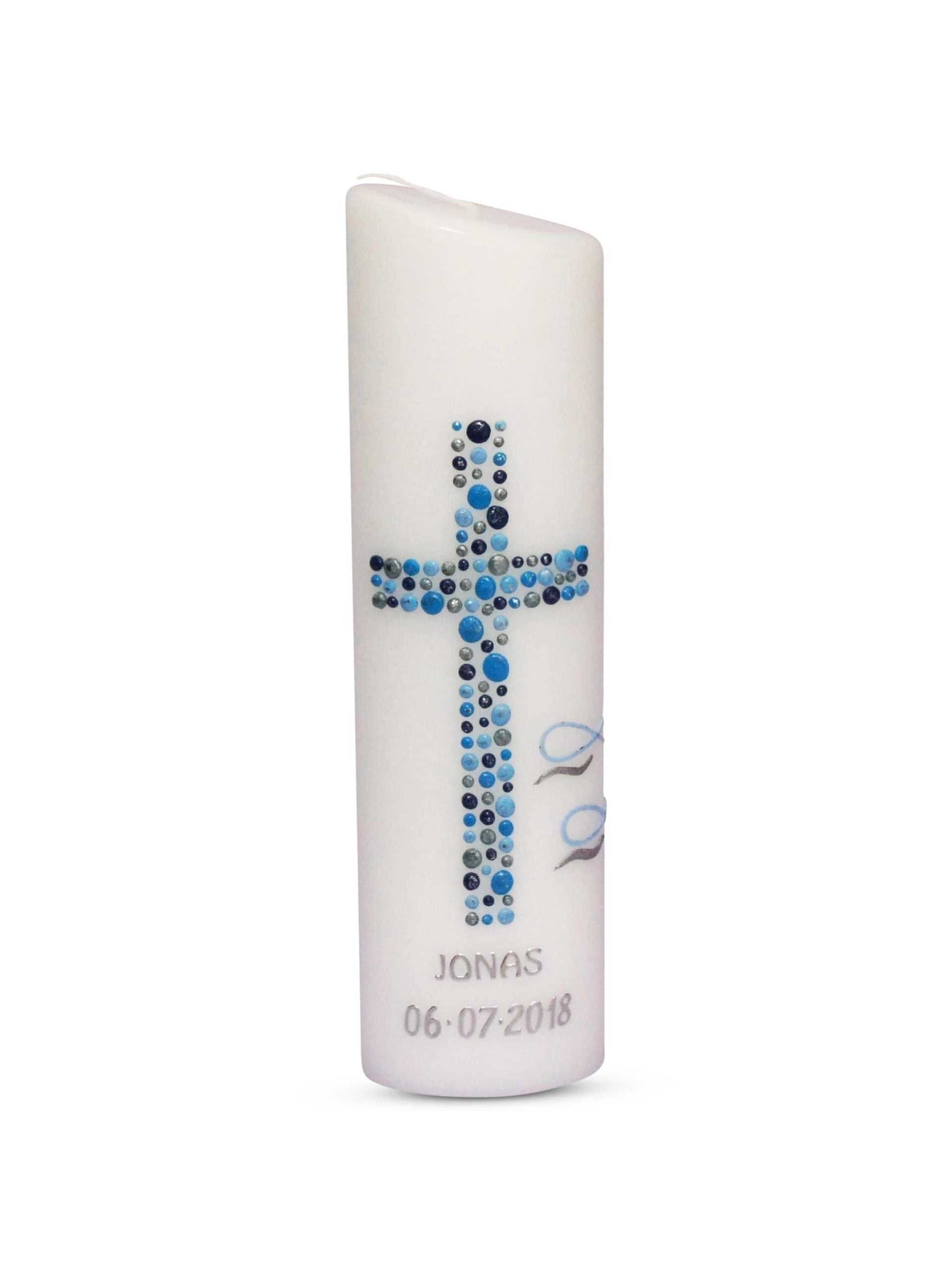 Taufkerze Blau Junge Ellipse mit Name und Datum Kreuz Kreise 31 € Taufkerze WKTH120 WikaKerzen
