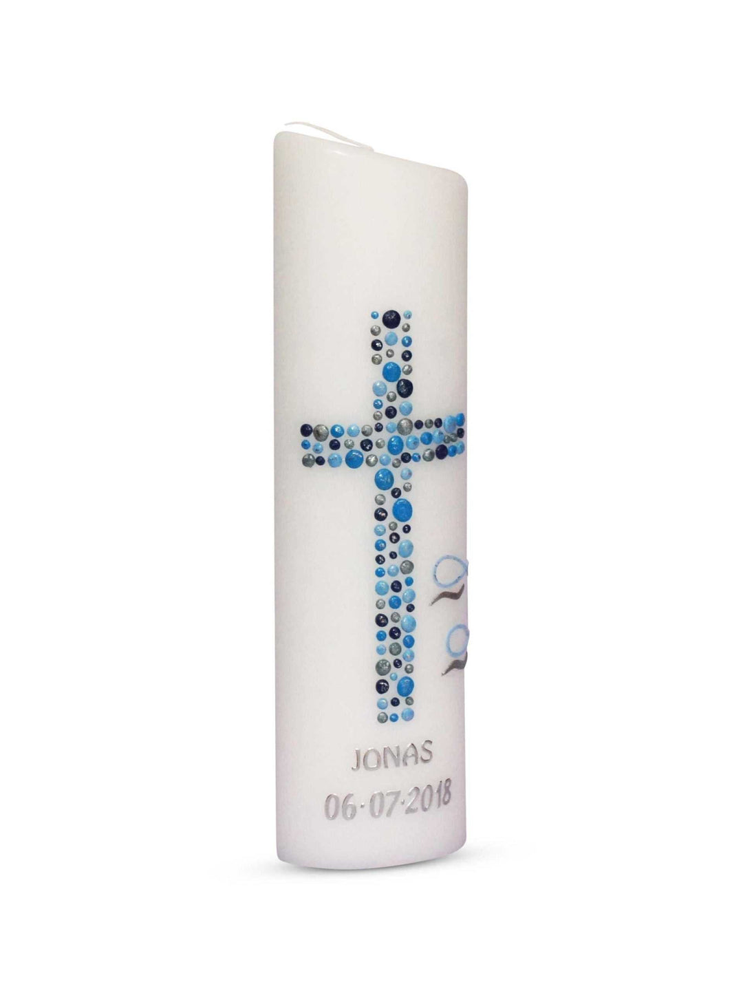 Taufkerze Blau Junge Ellipse mit Name und Datum Kreuz Kreise 31 € Taufkerze WKTH120 WikaKerzen