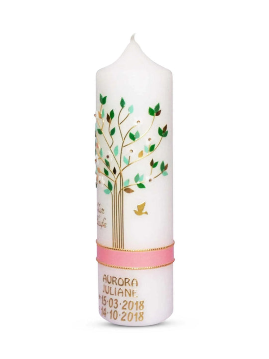 Taufkerze Mädchen mit Name und Datum Lebensbaum Rosa Grün - WikaKerzen