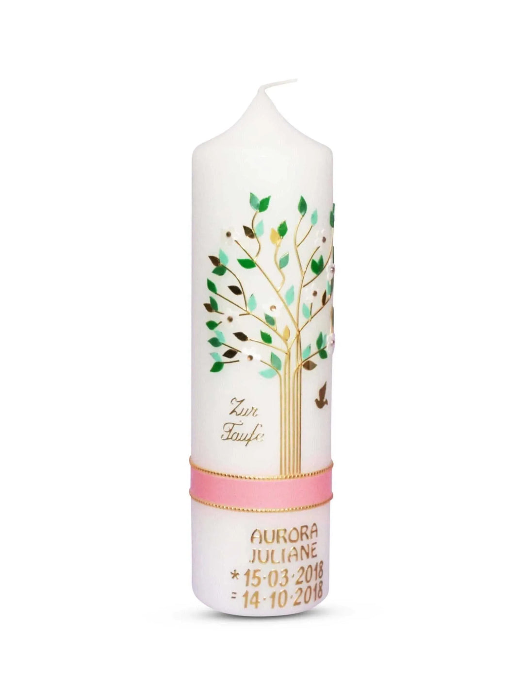 Taufkerze Mädchen mit Name und Datum Lebensbaum Rosa Grün - WikaKerzen