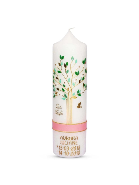 Taufkerze Mädchen mit Name und Datum Lebensbaum Rosa Grün - WikaKerzen