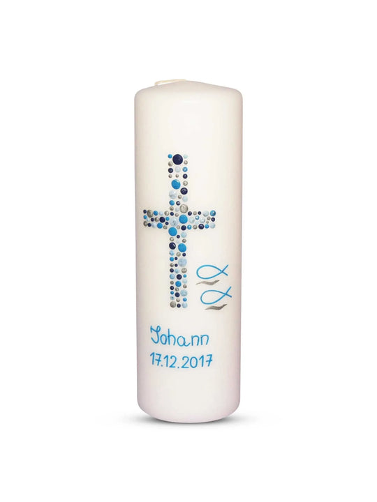 Taufkerze Junge Kreuz Kreise 24 Blau Silber - WikaKerzen