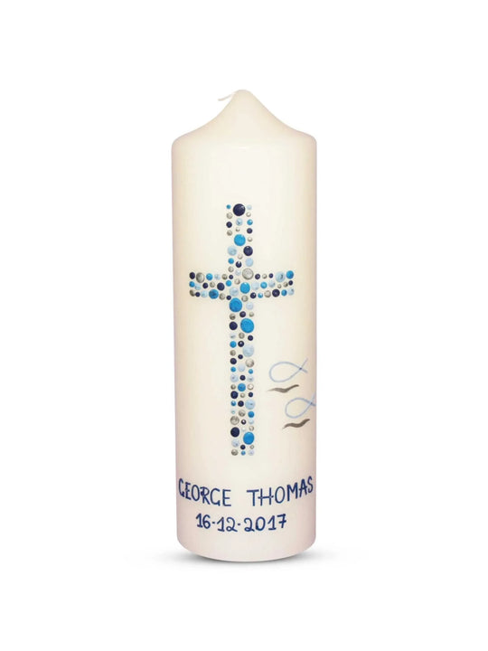 Taufkerze Junge Kreuz Kreise 26 Blau Silber - WikaKerzen