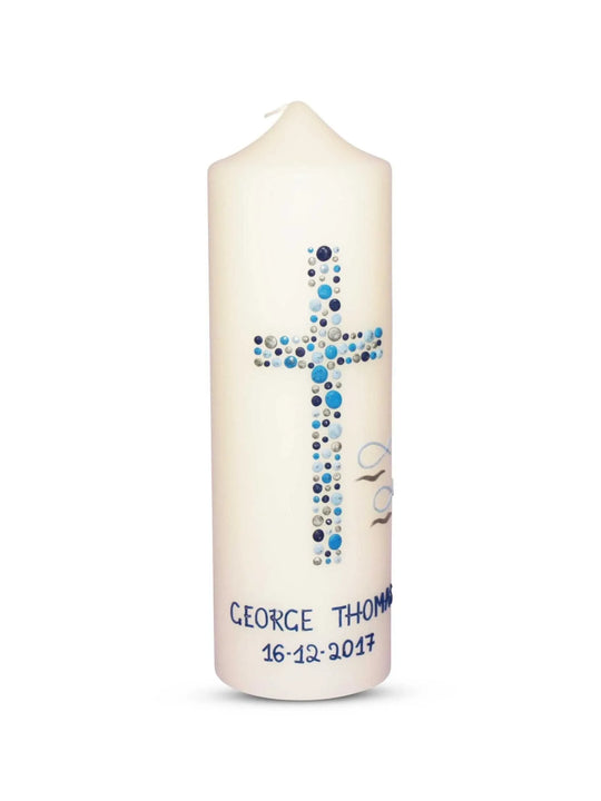 Taufkerze Junge Kreuz Kreise 26 Blau Silber - WikaKerzen