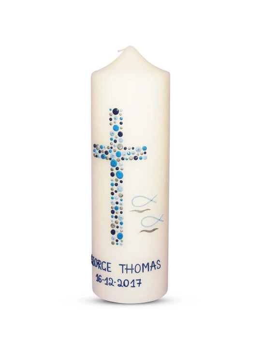 Taufkerze Junge Kreuz Kreise 26 Blau Silber - WikaKerzen