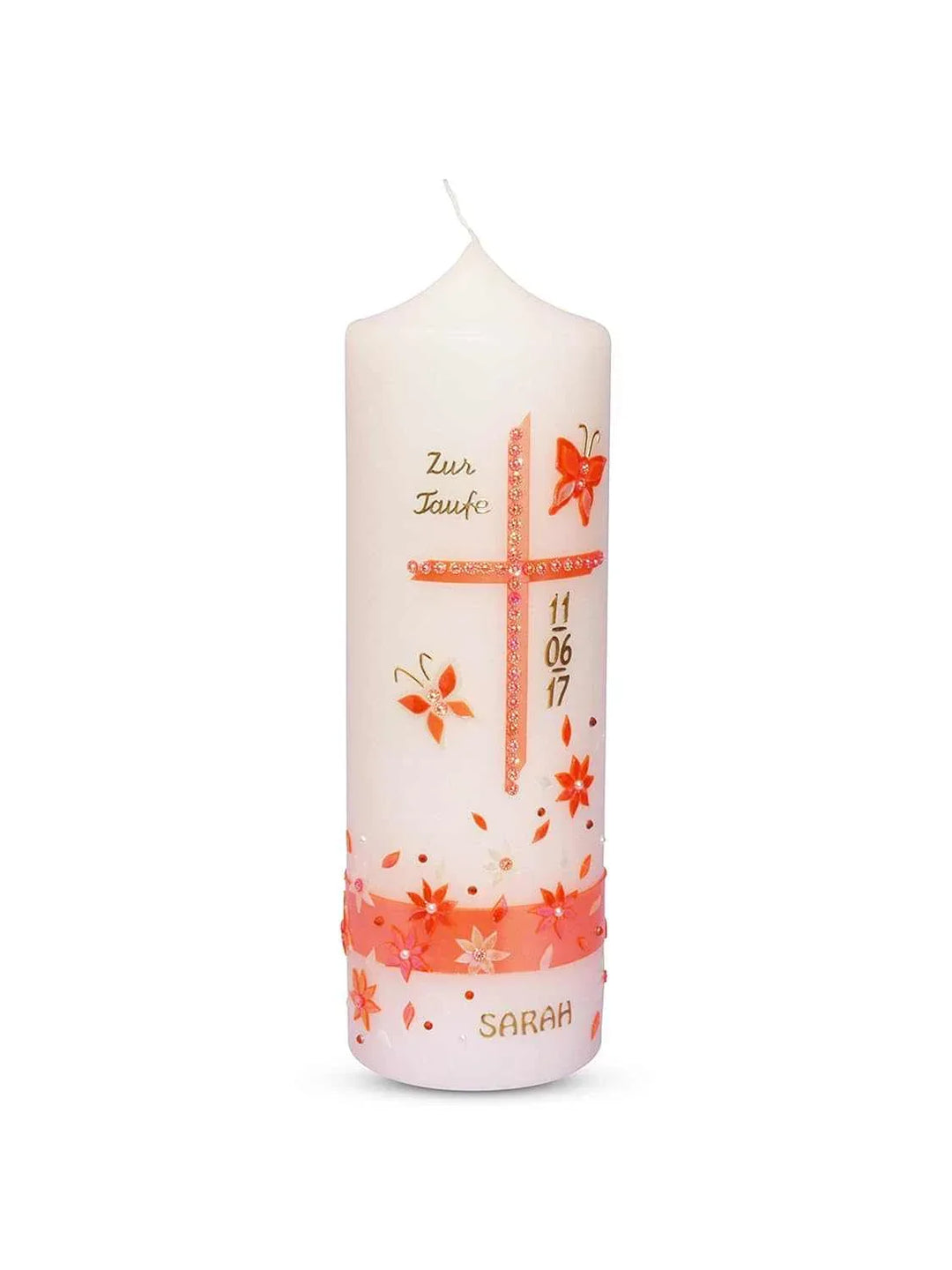 Taufkerze Mädchen Orange Blumen 5 - WikaKerzen