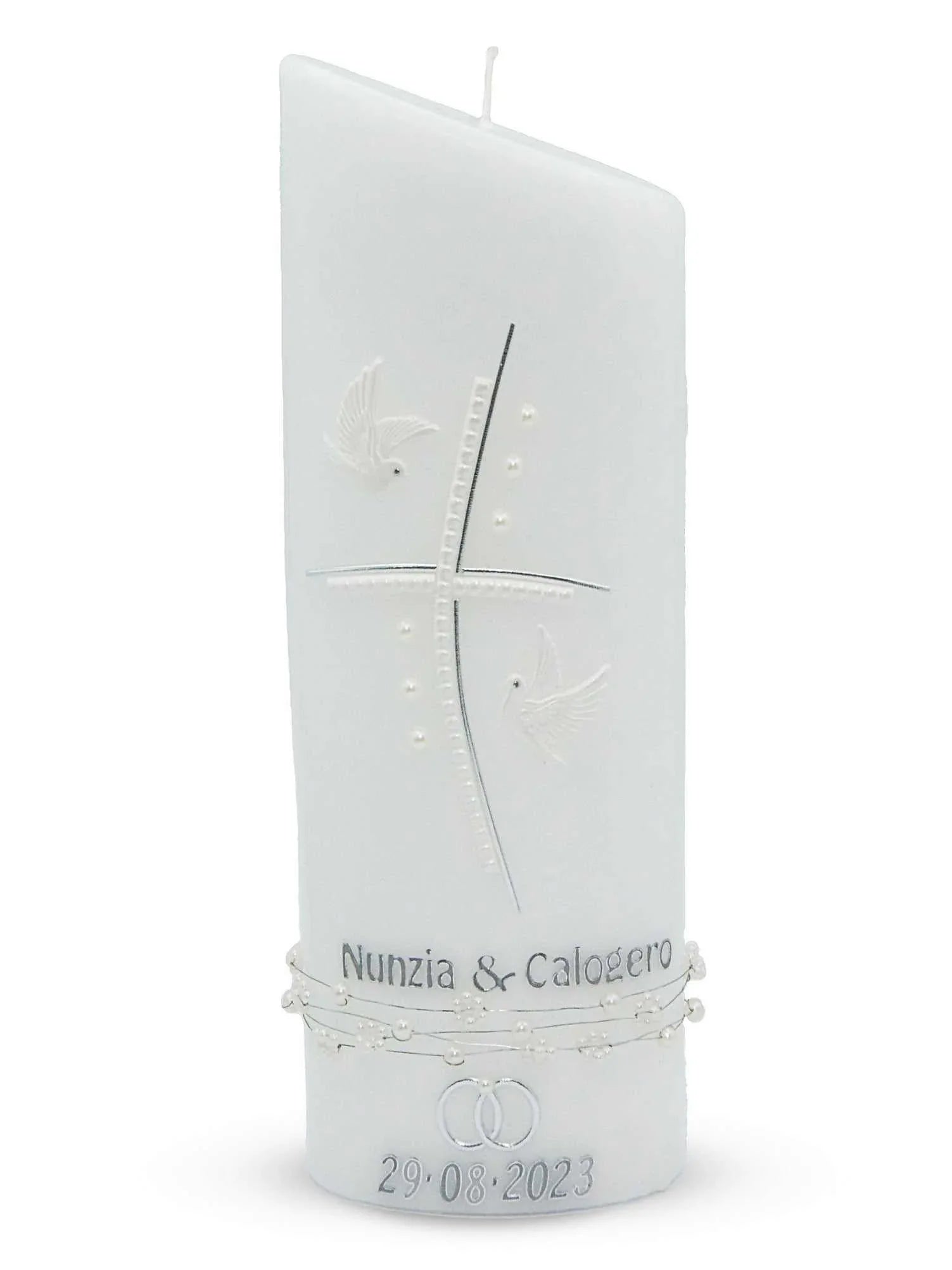 Hochzeitskerze Taufkerze Ellipse mit Kreuz Taube - WikaKerzen