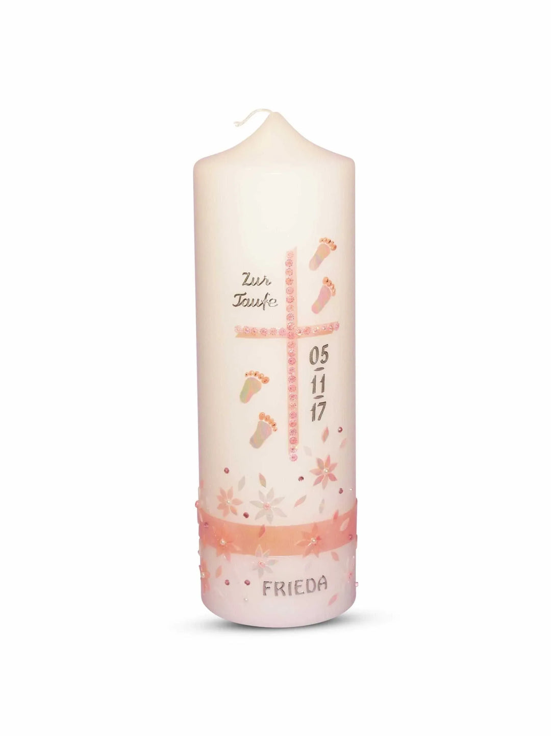 Taufkerze Mädchen Rosa Blumen mit Füßen 6 - WikaKerzen