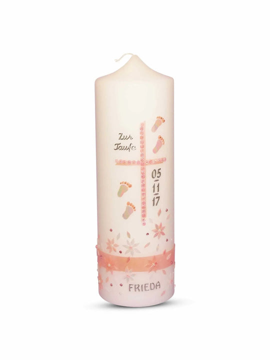 Taufkerze Mädchen Rosa Blumen mit Füßen 6 - WikaKerzen