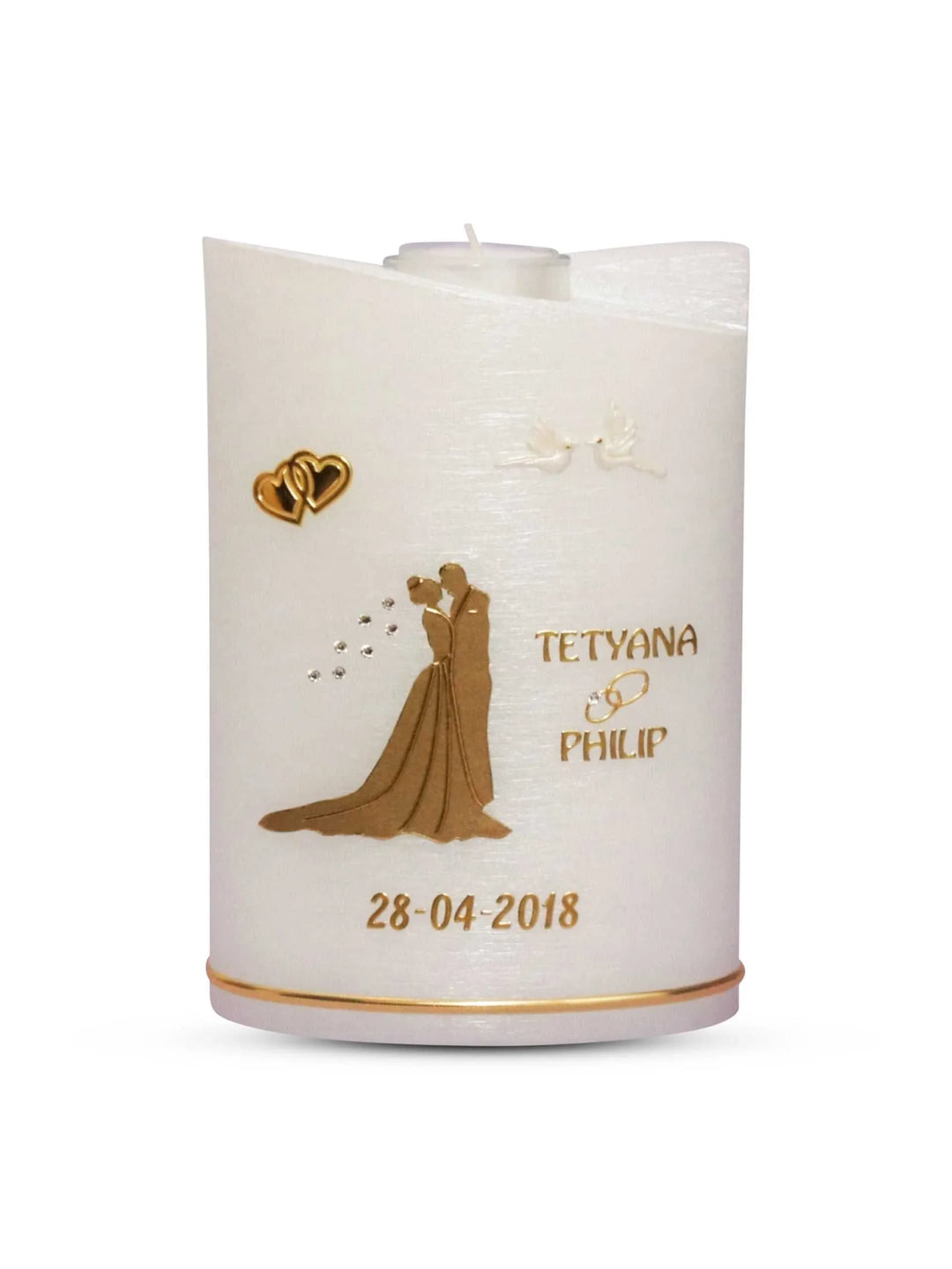 Hochzeitskerze Brautpaar in Gold auf einer Perlmutt Kerze - WikaKerzen