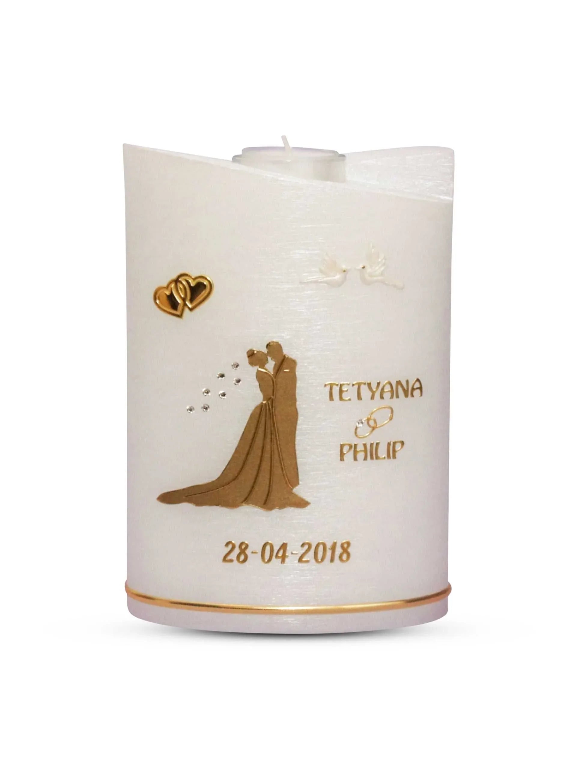 Hochzeitskerze Brautpaar in Gold auf einer Perlmutt Kerze - WikaKerzen