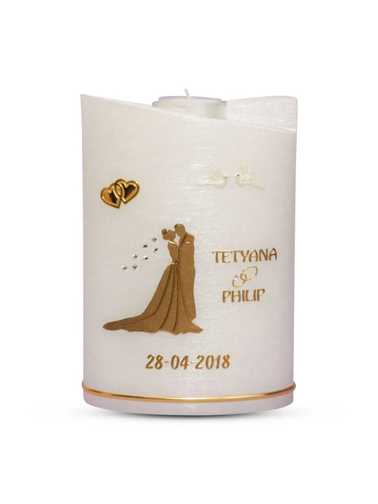 Hochzeitskerze Brautpaar in Gold auf einer Perlmutt Kerze - WikaKerzen