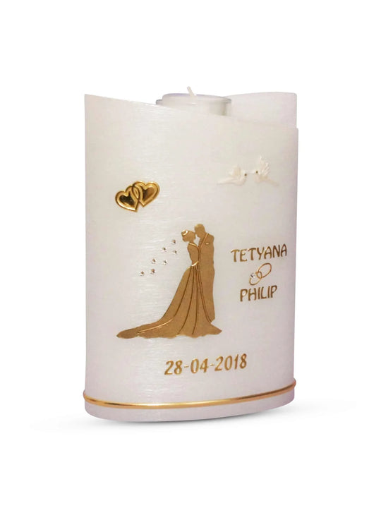 Hochzeitskerze Brautpaar in Gold auf einer Perlmutt Kerze - WikaKerzen