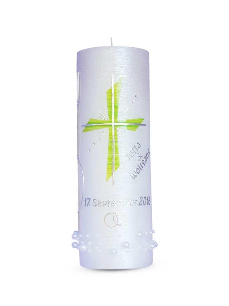 Hochzeitskerze mit Teelicht Perlmutt Kreuz Grün - WikaKerzen
