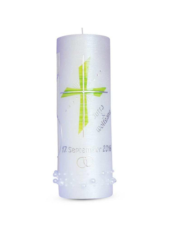Hochzeitskerze mit Teelicht Perlmutt Kreuz Grün - WikaKerzen