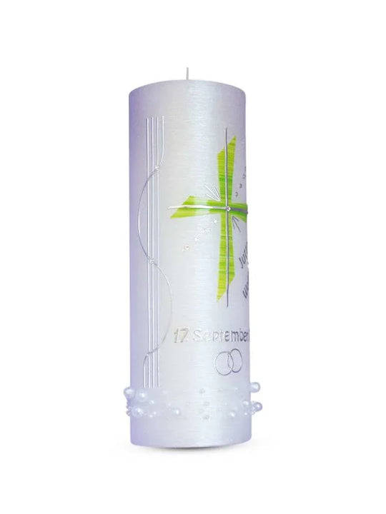 Hochzeitskerze mit Teelicht Perlmutt Kreuz Grün - WikaKerzen