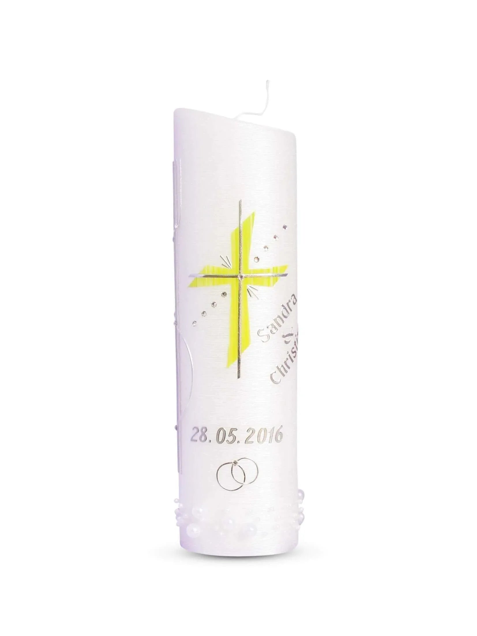 Hochzeitskerze Brautkerze mit Kreuz in Grün Silber - WikaKerzen