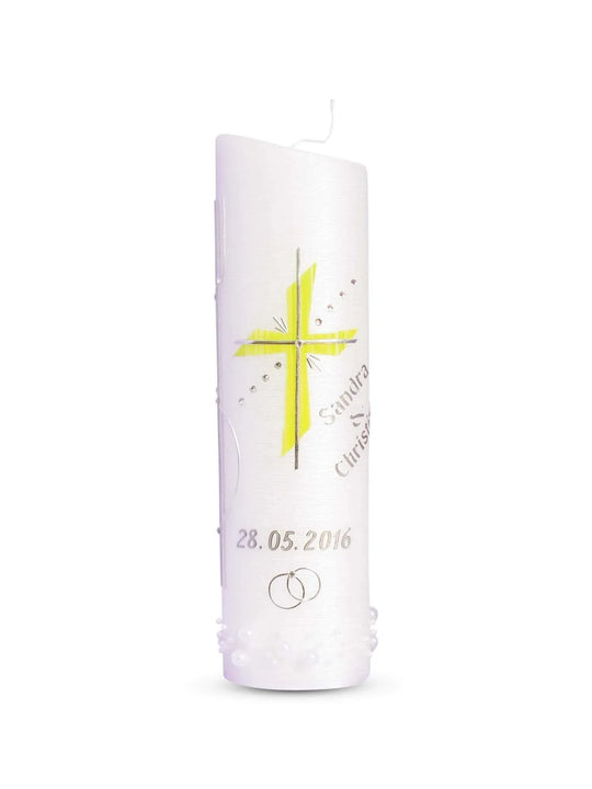 Hochzeitskerze Brautkerze mit Kreuz in Grün Silber - WikaKerzen