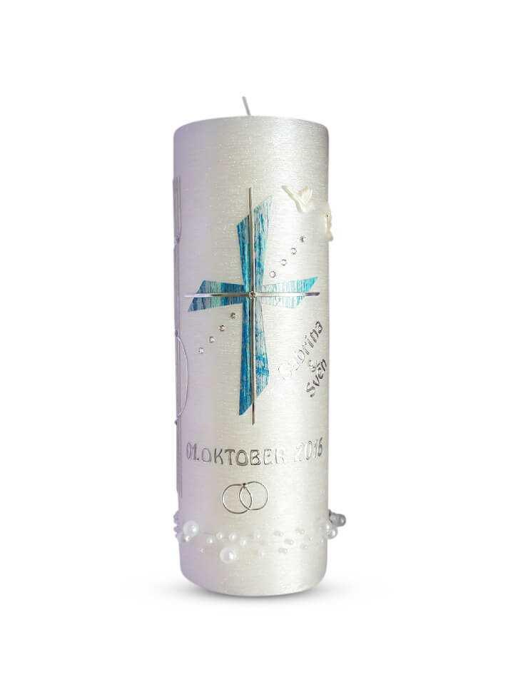 Hochzeitskerze Kreuz mit Teelicht Perlmutt - WikaKerzen