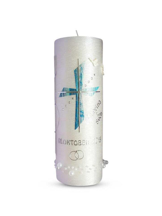 Hochzeitskerze Kreuz mit Teelicht Perlmutt - WikaKerzen