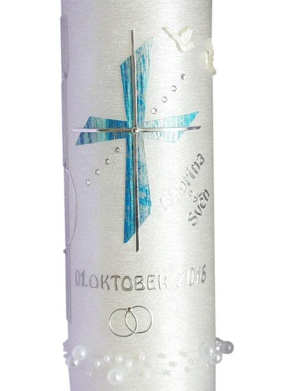 Hochzeitskerze Kreuz mit Teelicht Perlmutt - WikaKerzen