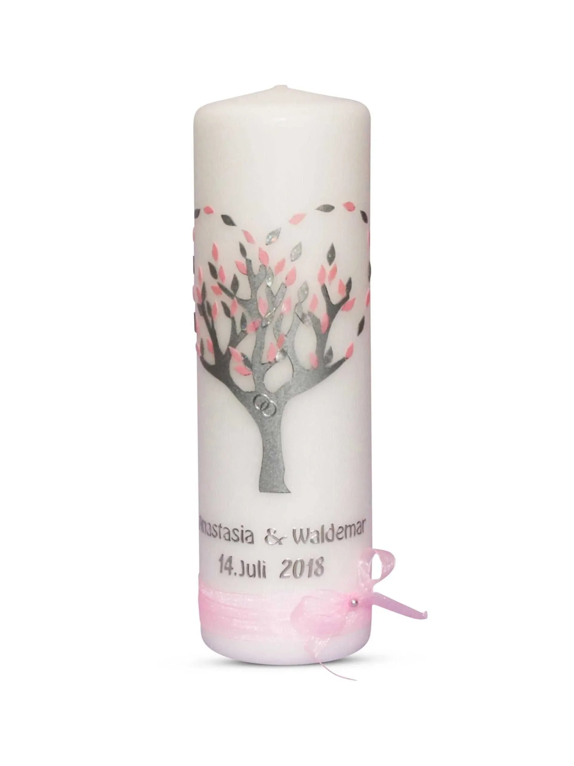 Hochzeitskerze Baum Herz Lebensbaum in Silber Rosa - WikaKerzen