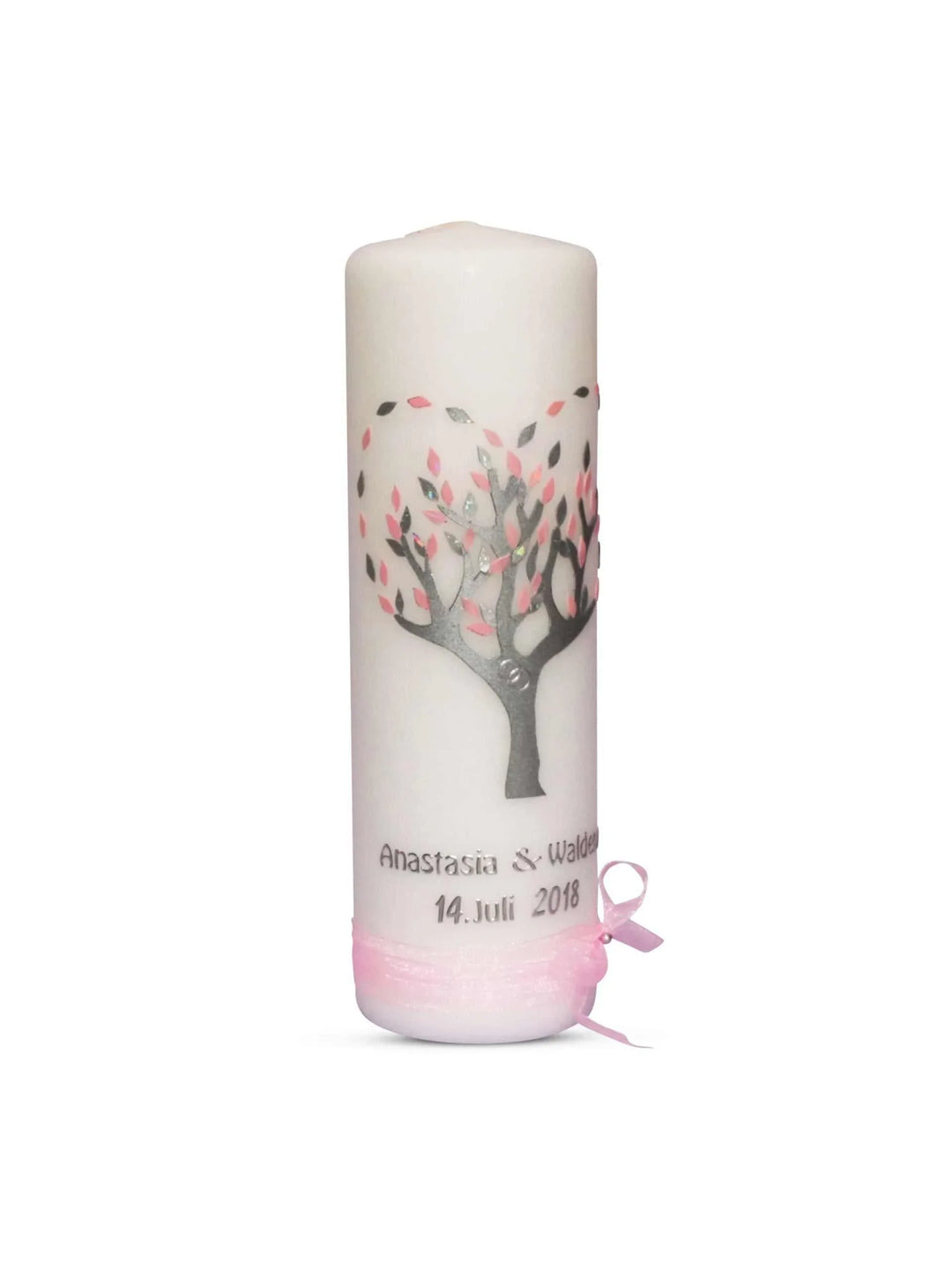 Hochzeitskerze Baum Herz Lebensbaum in Silber Rosa - WikaKerzen