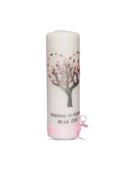 Hochzeitskerze Baum Herz Lebensbaum in Silber Rosa - WikaKerzen