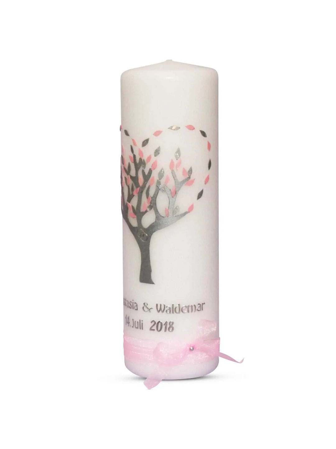 Hochzeitskerze Baum Herz Lebensbaum in Silber Rosa - WikaKerzen