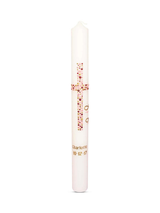 Kommunionkerzen für Mädchen Kreuz Kreise Rosa - WikaKerzen