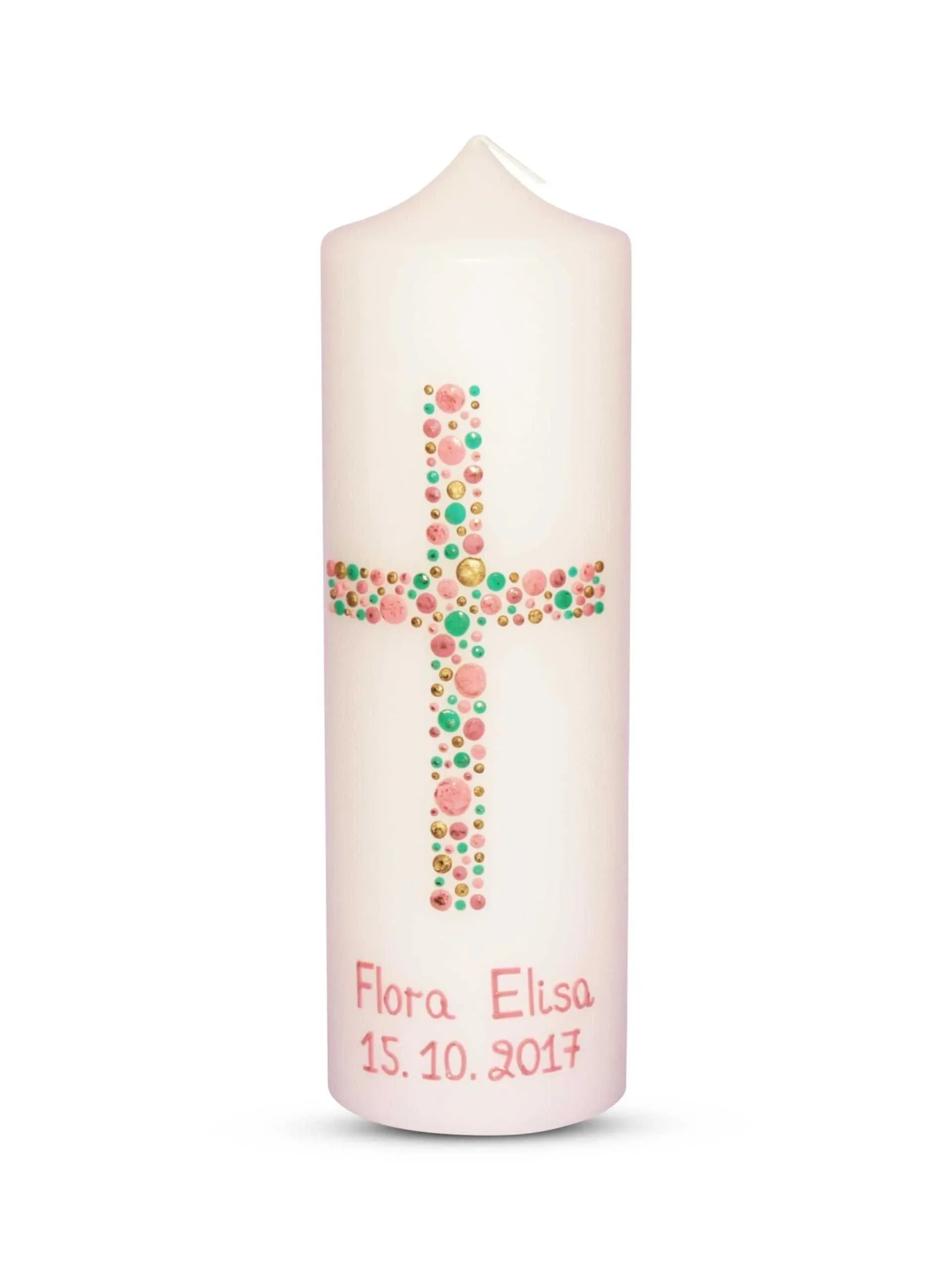 Taufkerze Mädchen Kreuz Kreise 21 Mintgrün Rosa - WikaKerzen