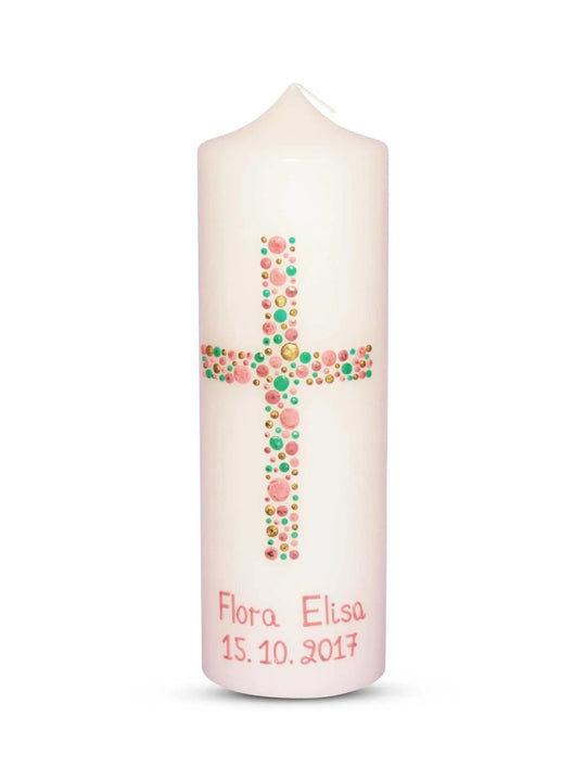 Taufkerze Mädchen Kreuz Kreise 21 Mintgrün Rosa - WikaKerzen