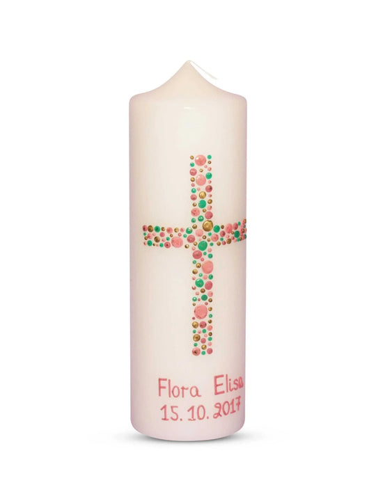 Taufkerze Mädchen Kreuz Kreise 21 Mintgrün Rosa - WikaKerzen