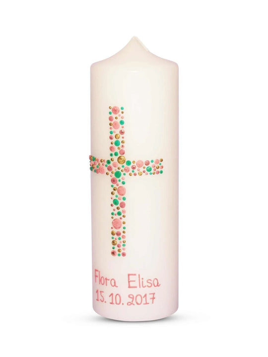 Taufkerze Mädchen Kreuz Kreise 21 Mintgrün Rosa - WikaKerzen