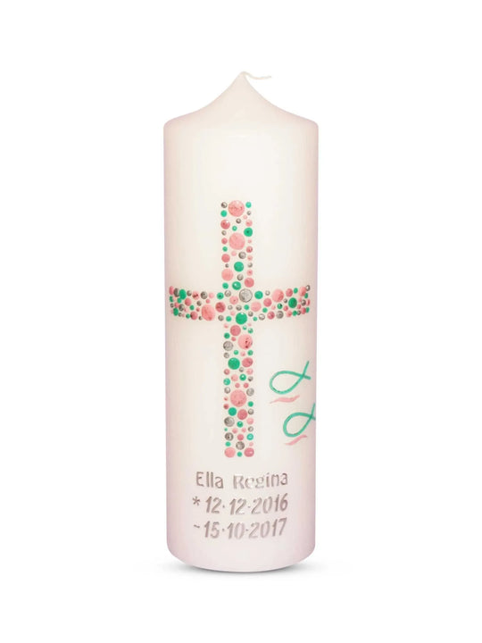 Taufkerze Mädchen Kreuz Kreise 23 Silber Mint Rosa - WikaKerzen