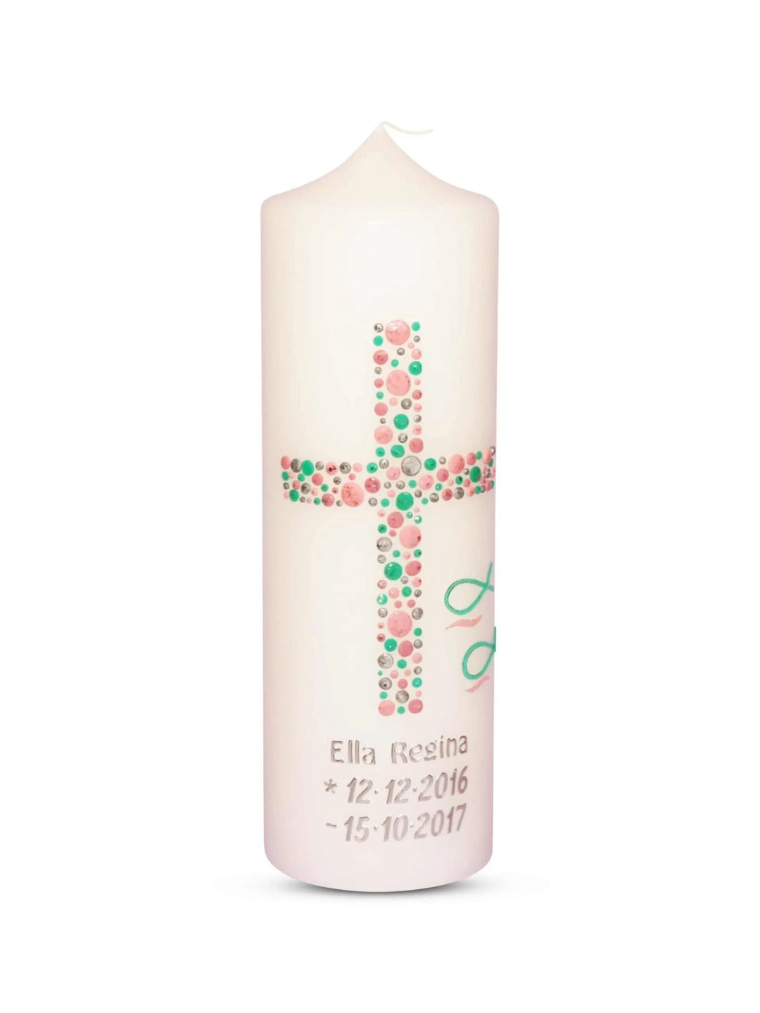 Taufkerze Mädchen Kreuz Kreise 23 Silber Mint Rosa - WikaKerzen